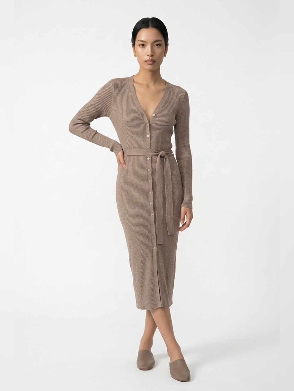 Dynamite Taupe Ribbed Button Midi Dress with Tie Waist